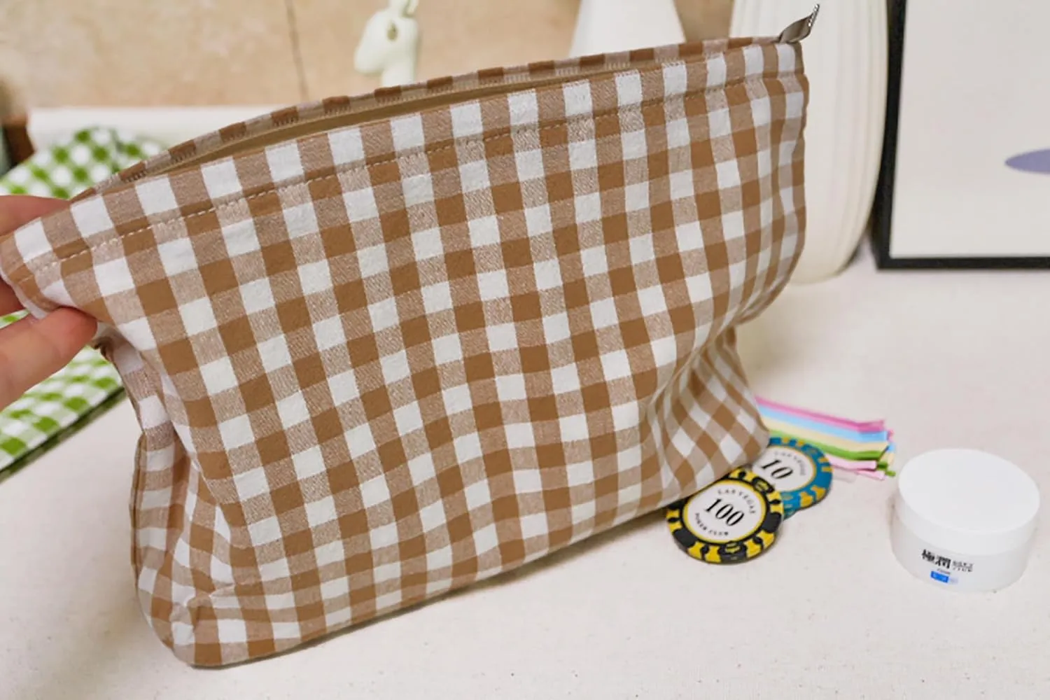 Khaki Gingham Cotton Makeup Bag Cosmetic Travel Pouch with Bottom, Make Up Purse Organizer, Zipper Closure, Canvas Lined…