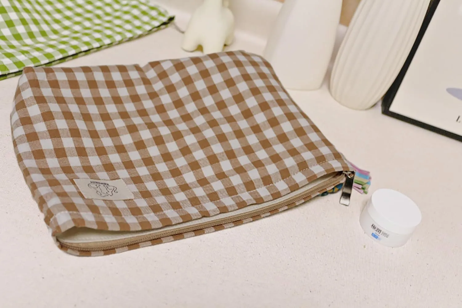 Khaki Gingham Cotton Makeup Bag Cosmetic Travel Pouch with Bottom, Make Up Purse Organizer, Zipper Closure, Canvas Lined…