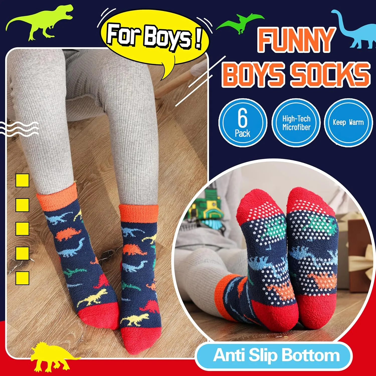 Kids Boys Toddlers Fuzzy Slipper Socks with Grips Non Slip Warm Fluffy Winter Thick Fun Cozy Hospital Socks 6 Pairs