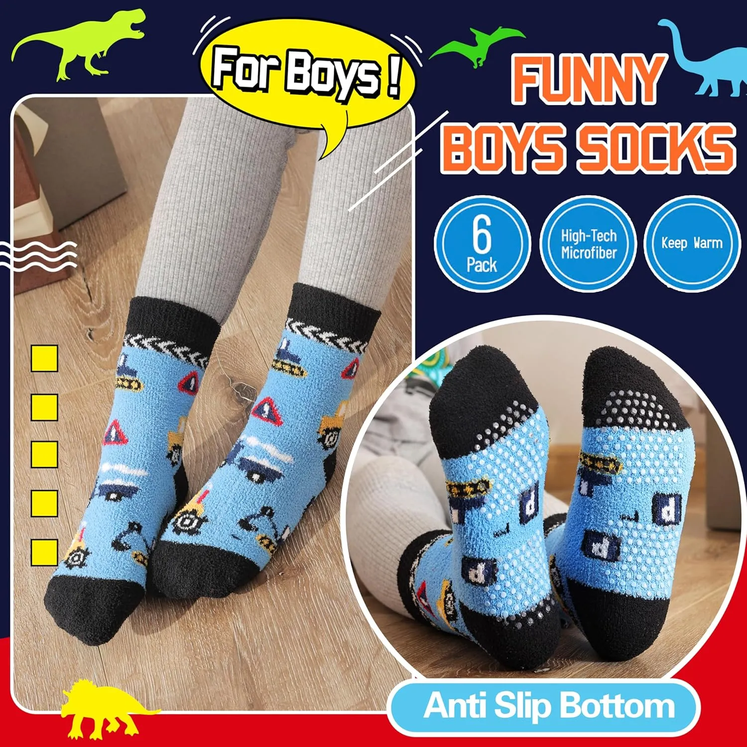Kids Boys Toddlers Fuzzy Slipper Socks with Grips Non Slip Warm Fluffy Winter Thick Fun Cozy Hospital Socks 6 Pairs