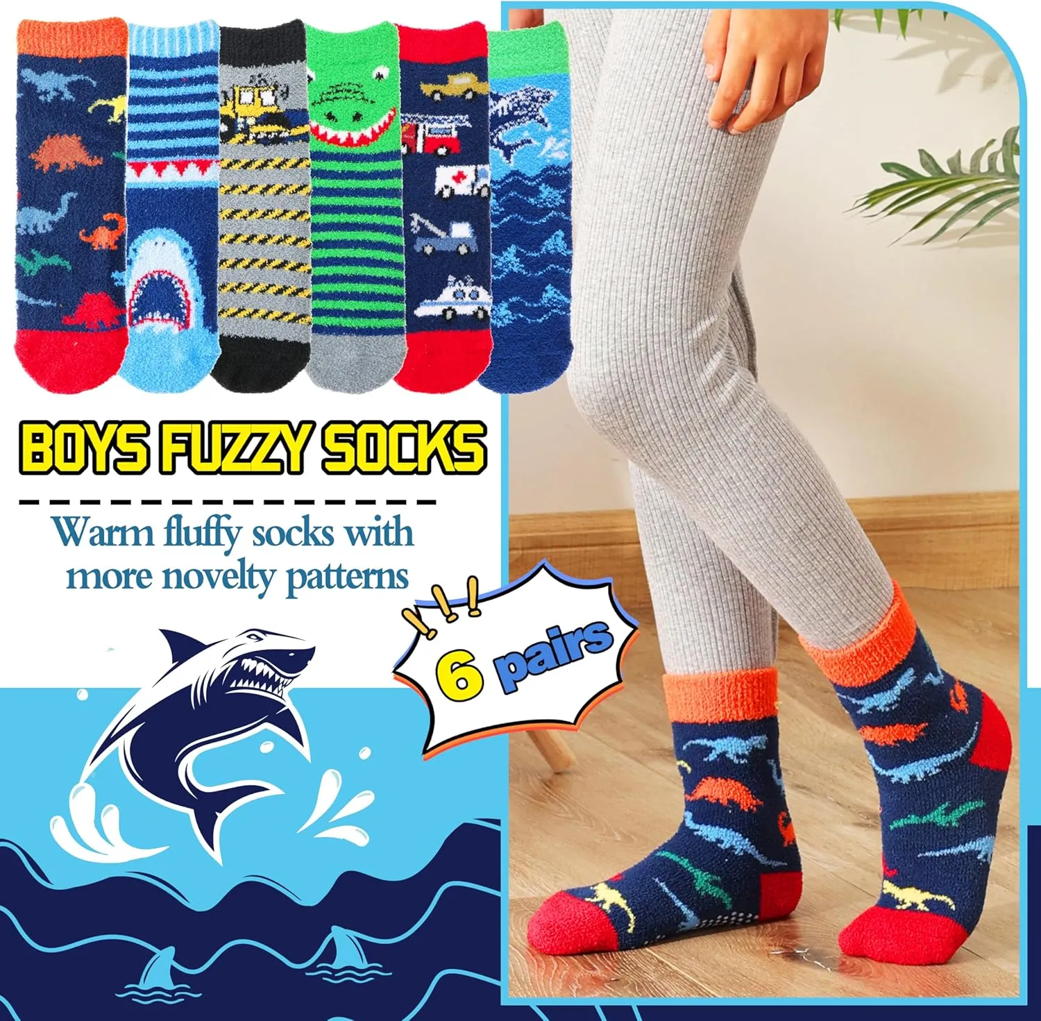Kids Boys Toddlers Fuzzy Slipper Socks with Grips Non Slip Warm Fluffy Winter Thick Fun Cozy Hospital Socks 6 Pairs