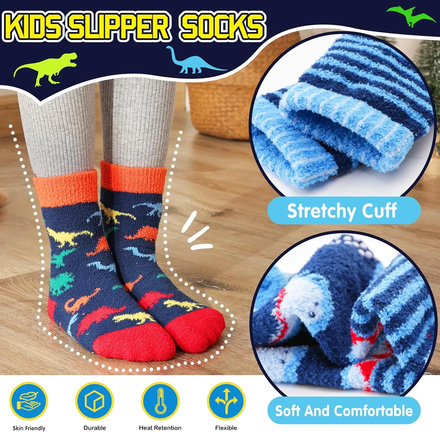 Kids Boys Toddlers Fuzzy Slipper Socks with Grips Non Slip Warm Fluffy Winter Thick Fun Cozy Hospital Socks 6 Pairs
