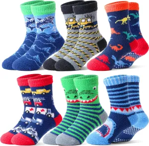 Kids Boys Toddlers Fuzzy Slipper Socks with Grips Non Slip Warm Fluffy Winter Thick Fun Cozy Hospital Socks 6 Pairs