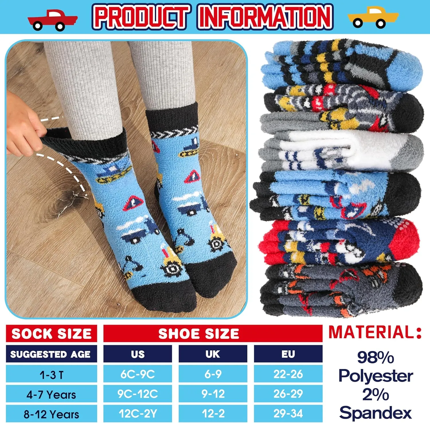 Kids Boys Toddlers Fuzzy Slipper Socks with Grips Non Slip Warm Fluffy Winter Thick Fun Cozy Hospital Socks 6 Pairs