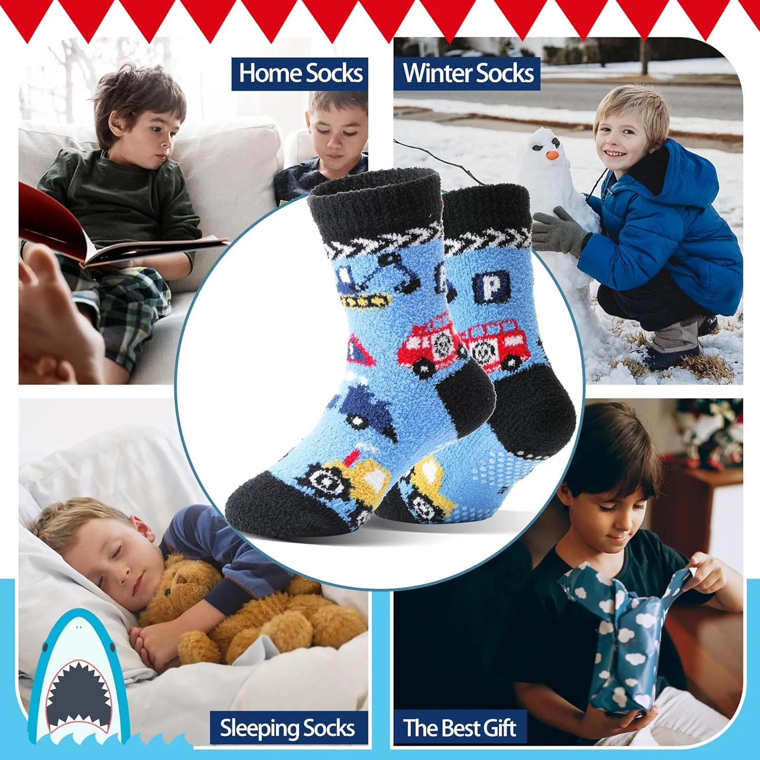 Kids Boys Toddlers Fuzzy Slipper Socks with Grips Non Slip Warm Fluffy Winter Thick Fun Cozy Hospital Socks 6 Pairs