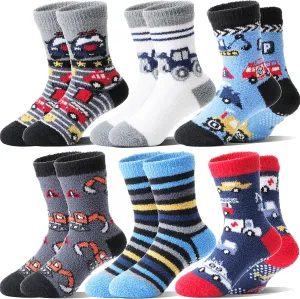 Kids Boys Toddlers Fuzzy Slipper Socks with Grips Non Slip Warm Fluffy Winter Thick Fun Cozy Hospital Socks 6 Pairs