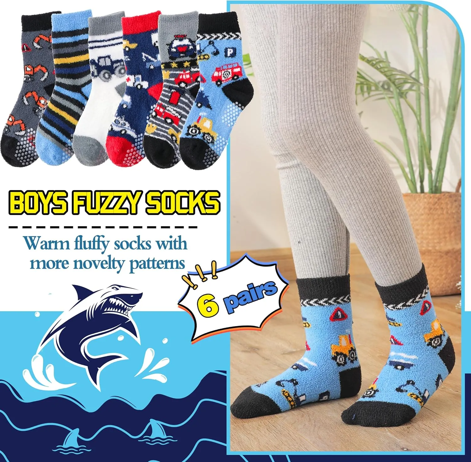 Kids Boys Toddlers Fuzzy Slipper Socks with Grips Non Slip Warm Fluffy Winter Thick Fun Cozy Hospital Socks 6 Pairs
