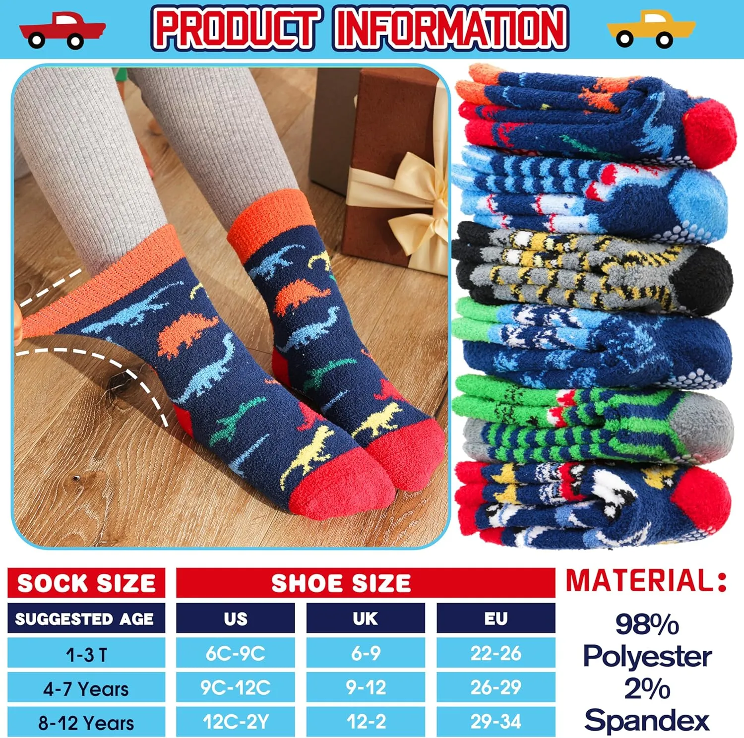 Kids Boys Toddlers Fuzzy Slipper Socks with Grips Non Slip Warm Fluffy Winter Thick Fun Cozy Hospital Socks 6 Pairs