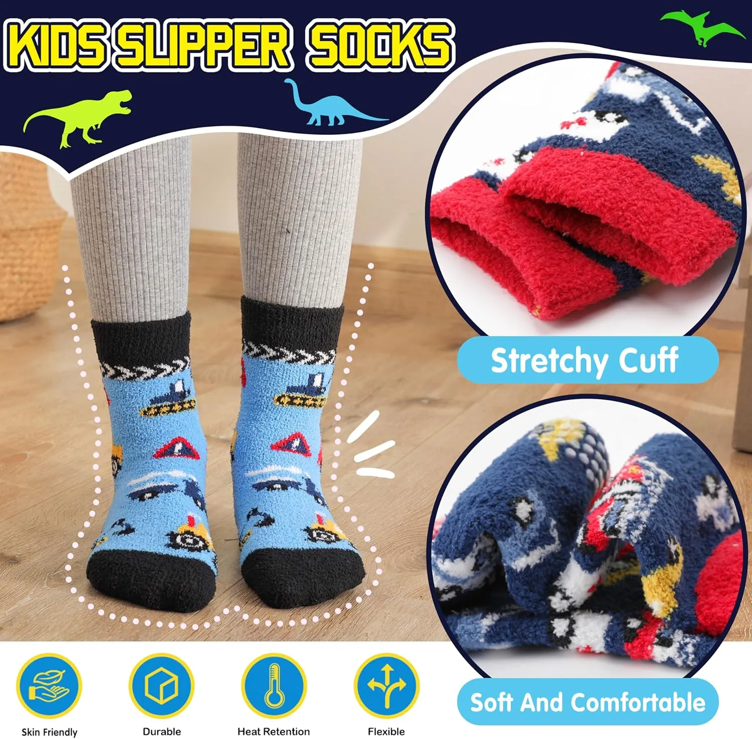 Kids Boys Toddlers Fuzzy Slipper Socks with Grips Non Slip Warm Fluffy Winter Thick Fun Cozy Hospital Socks 6 Pairs