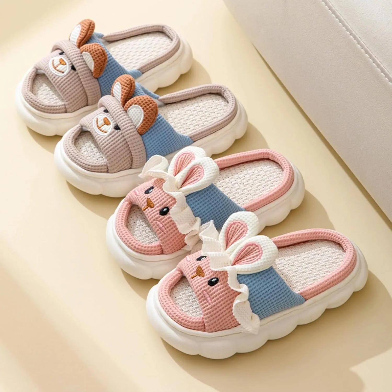 Kids Rabbit Slippers Cute Cartoon Animal Slippers Toddler Boys Girls Linen House Bear Slippers Men Womens House Shoes Four Seasons Home Linen Slippers Open Toe Slides Non Slip Summer Sandals