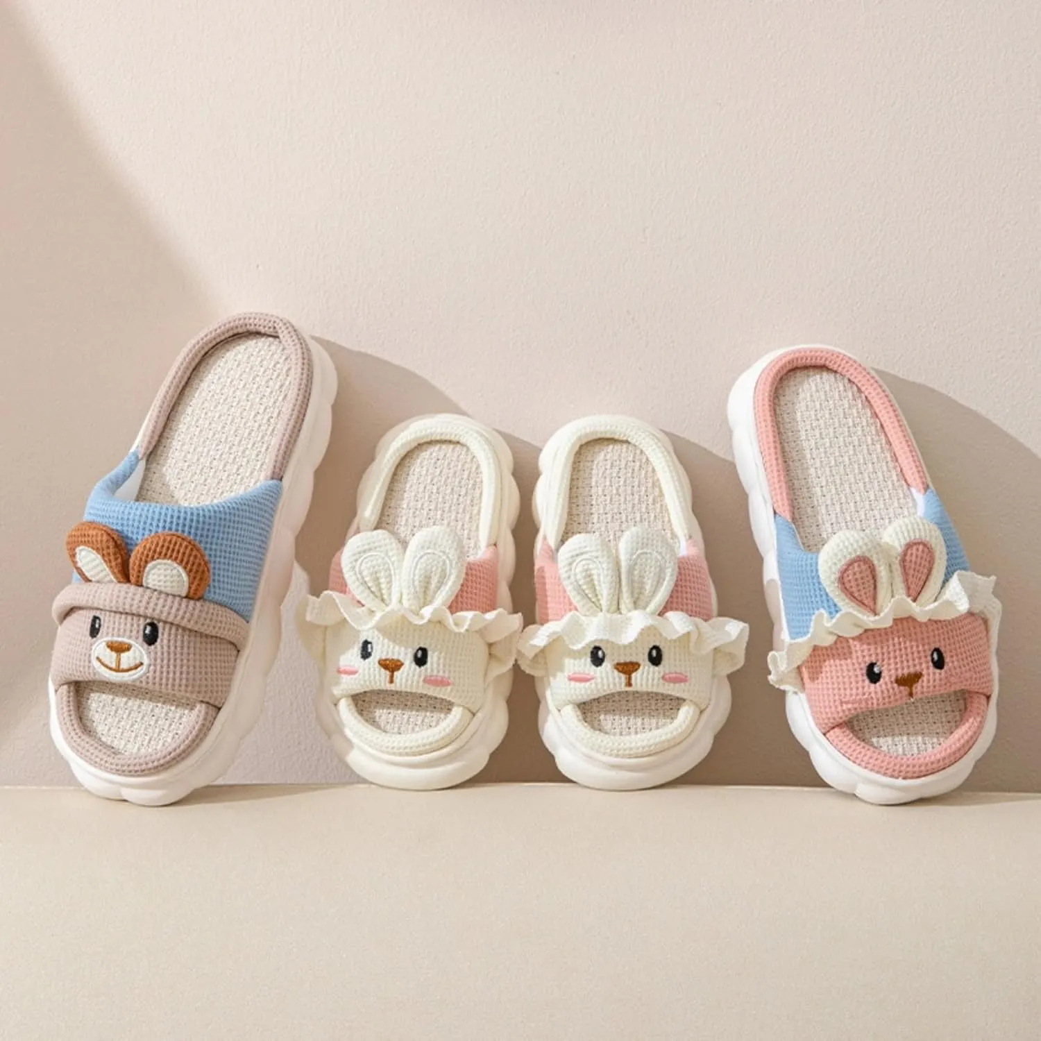 Kids Rabbit Slippers Cute Cartoon Animal Slippers Toddler Boys Girls Linen House Bear Slippers Men Womens House Shoes Four Seasons Home Linen Slippers Open Toe Slides Non Slip Summer Sandals