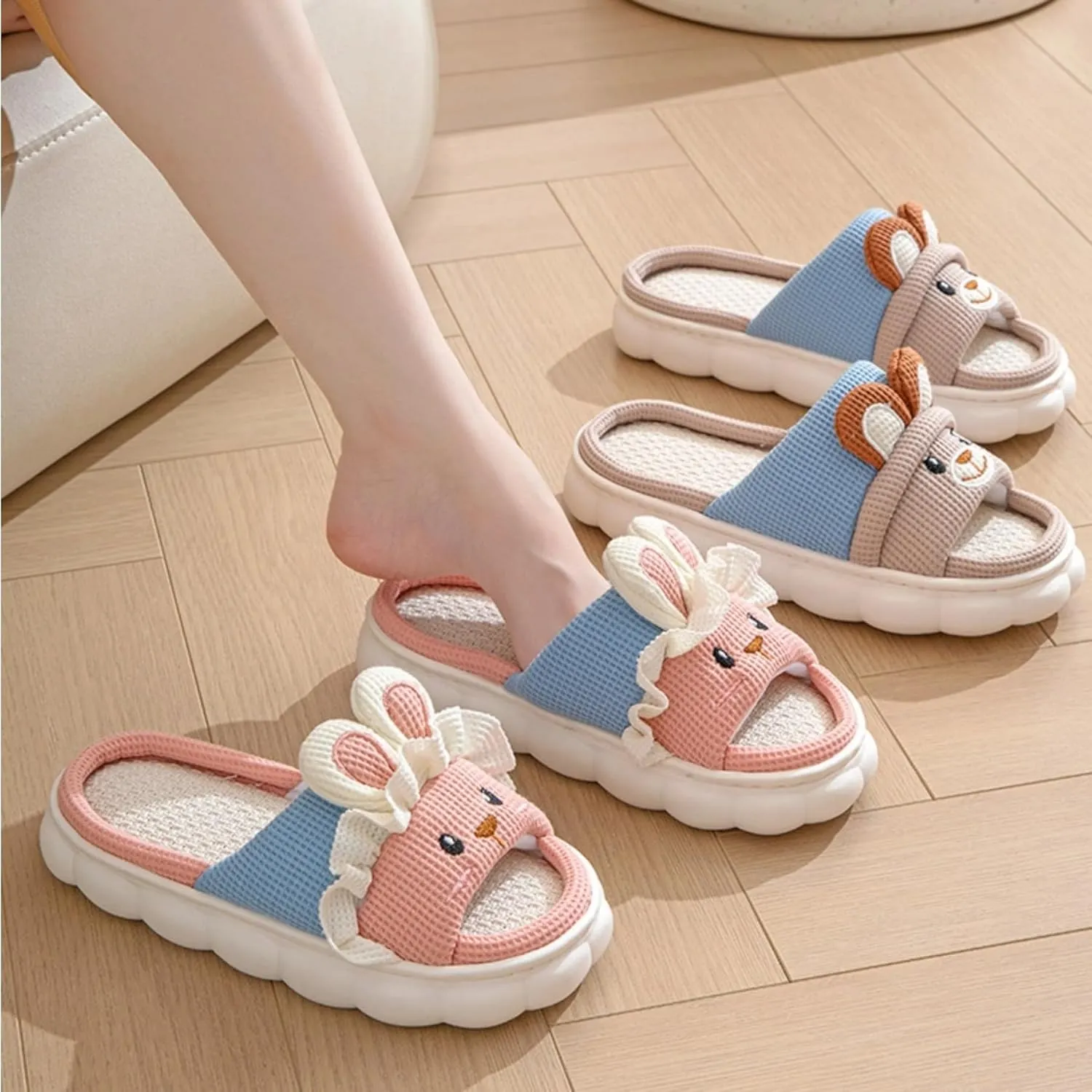 Kids Rabbit Slippers Cute Cartoon Animal Slippers Toddler Boys Girls Linen House Bear Slippers Men Womens House Shoes Four Seasons Home Linen Slippers Open Toe Slides Non Slip Summer Sandals