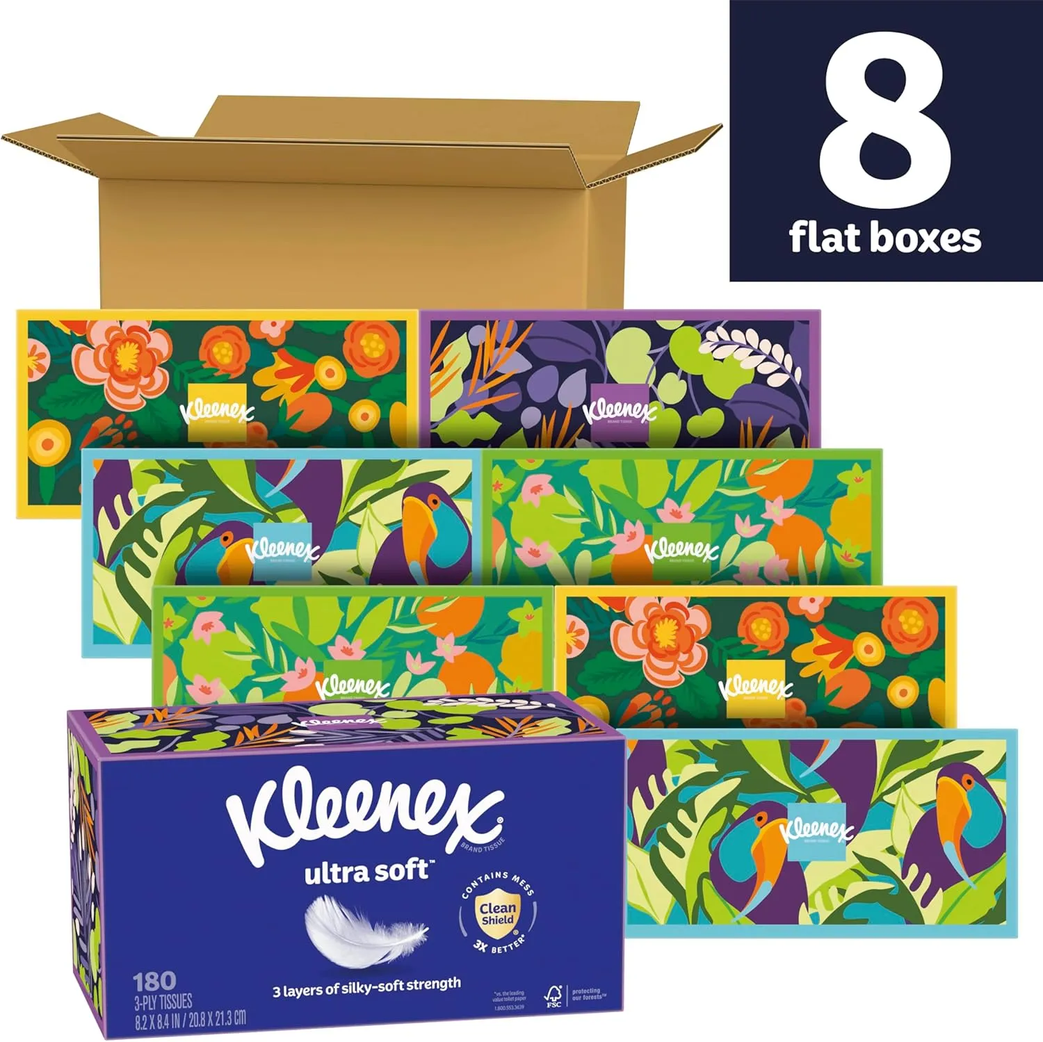Kleenex Ultra Soft Facial Tissues, 8 Flat Boxes, 180 Tissues per Box, 3-Ply, Packaging May Vary