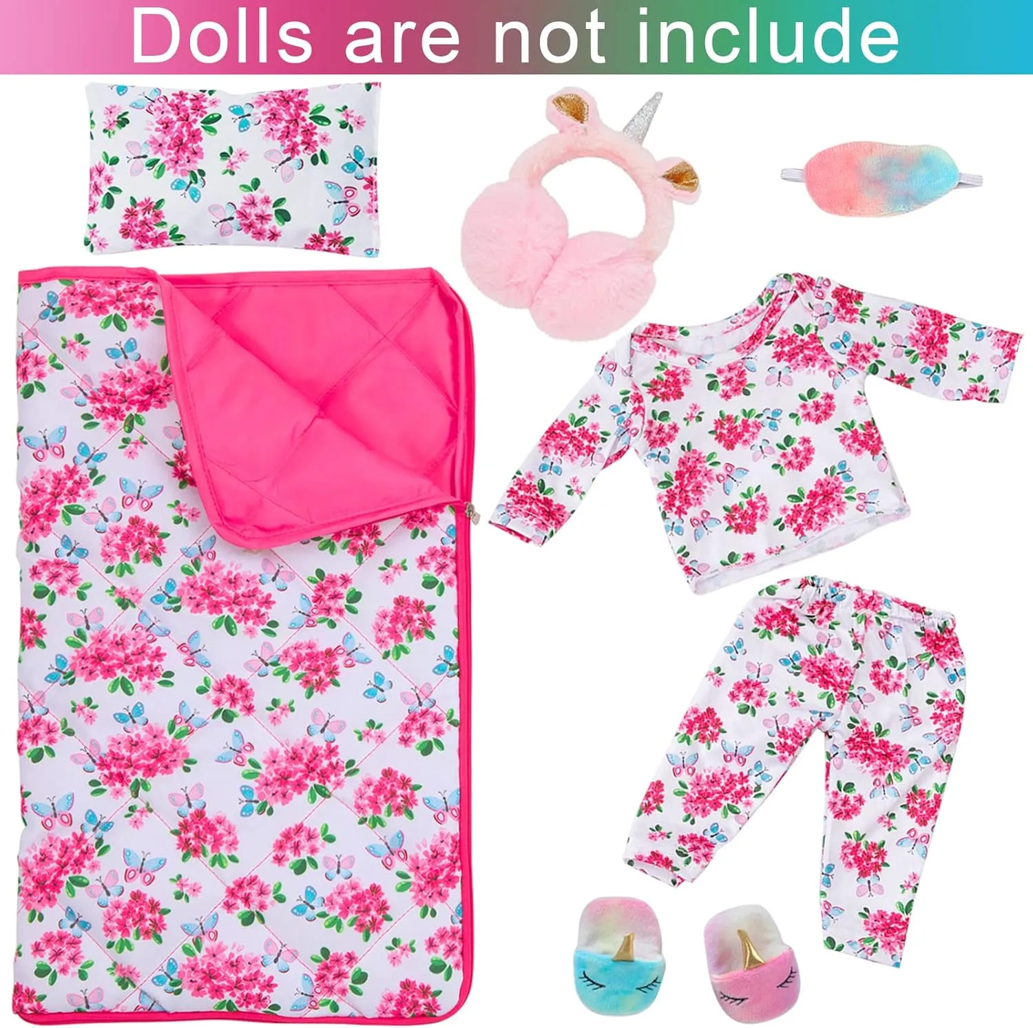 K.T. FANCY 8 PCS 18 Inch Girl Doll Accessories Sleeping Bag Set Butterfly Flower of Sleeping Bag Clothes Pillow Pink Eye Mask Slipper Earmuffs