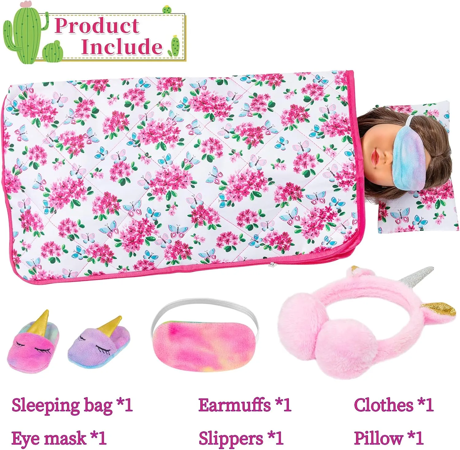 K.T. FANCY 8 PCS 18 Inch Girl Doll Accessories Sleeping Bag Set Butterfly Flower of Sleeping Bag Clothes Pillow Pink Eye Mask Slipper Earmuffs