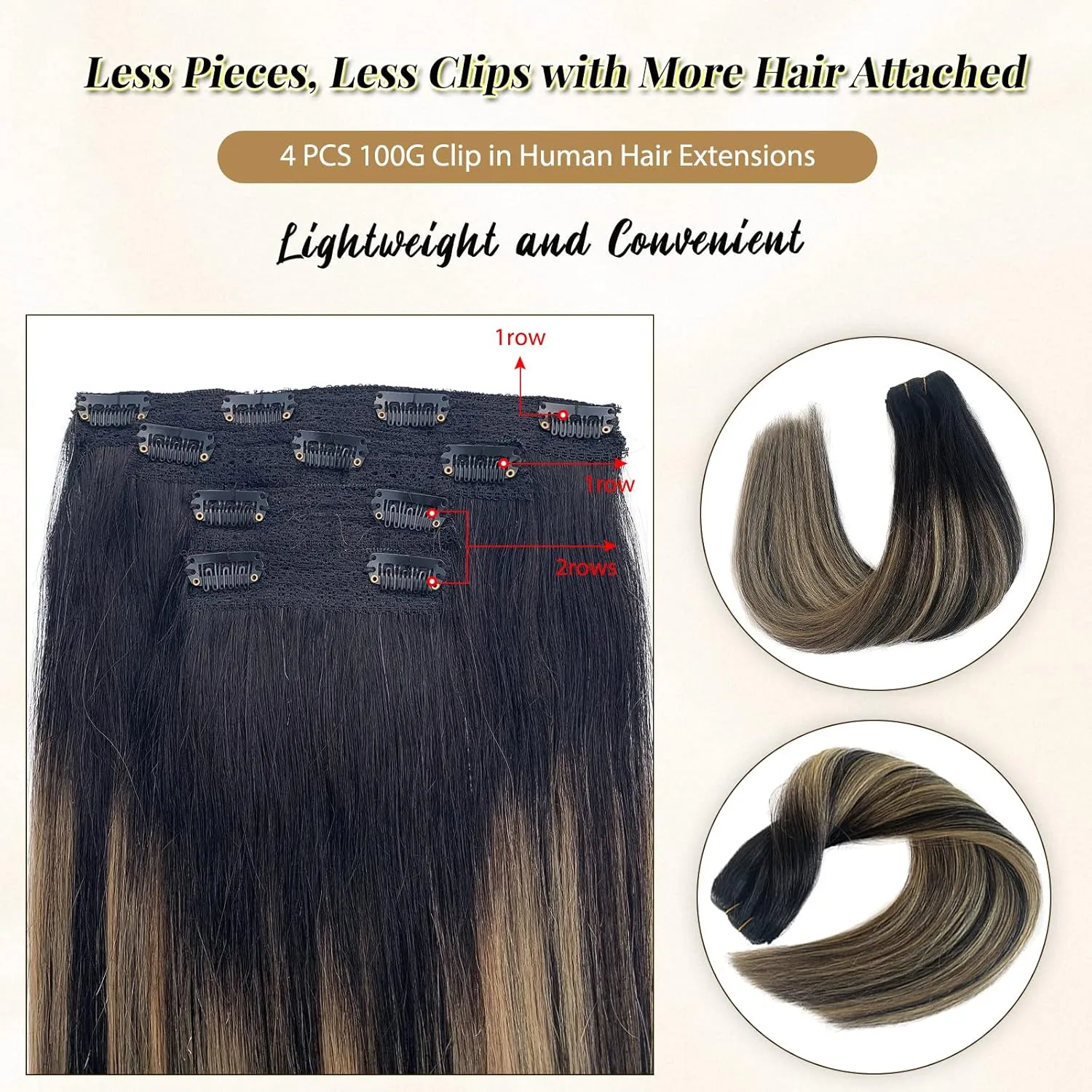 Lace Clip in Hair Extensions Human Hair Caramel Blonde Balayage Extensions 100grams 4pcs Double Weft Soft Straight Black with Blonde Highlights Remy Hair Extensions Clip on for Women 14 Inch