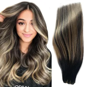 Lace Clip in Hair Extensions Human Hair Caramel Blonde Balayage Extensions 100grams 4pcs Double Weft Soft Straight Black with Blonde Highlights Remy Hair Extensions Clip on for Women 14 Inch