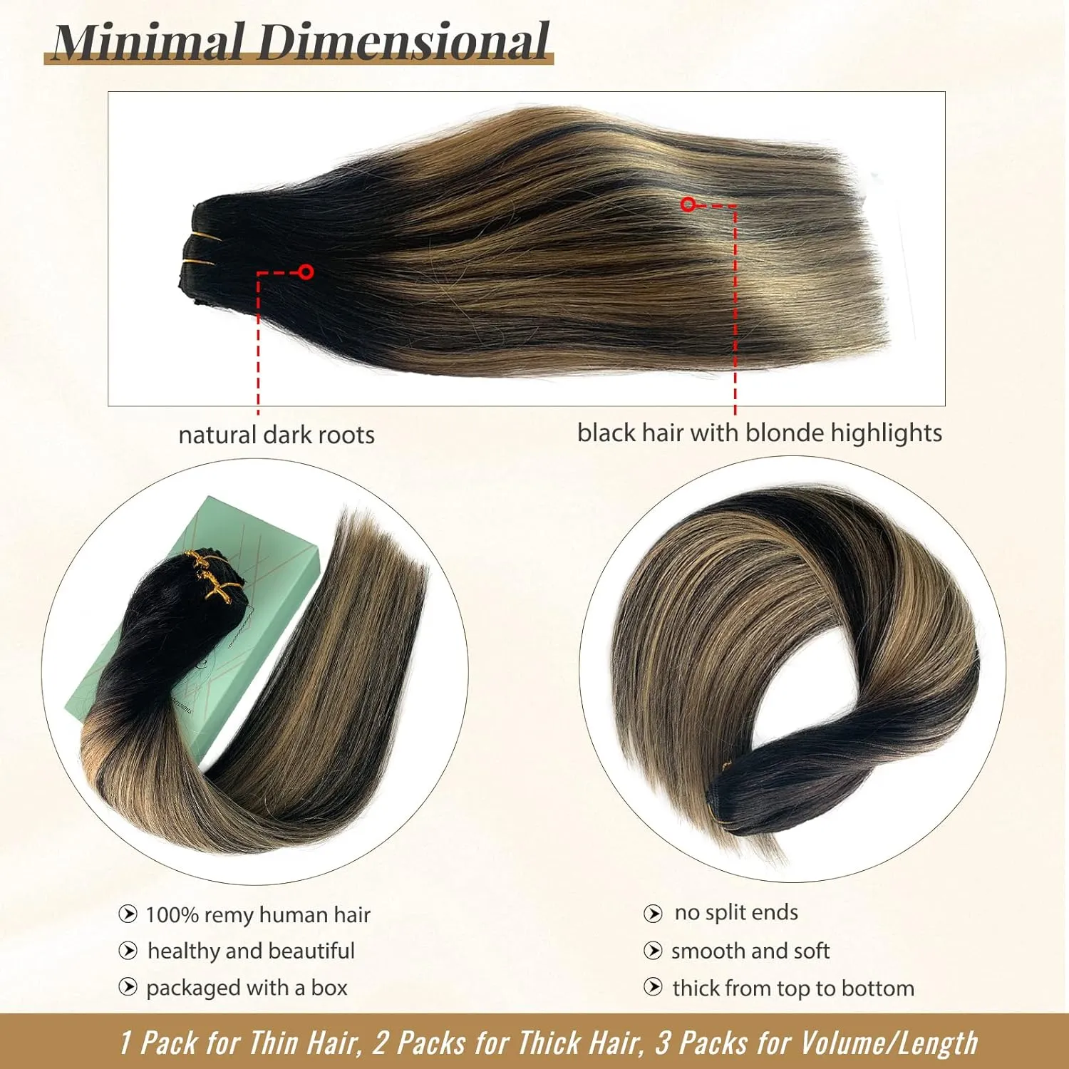 Lace Clip in Hair Extensions Human Hair Caramel Blonde Balayage Extensions 100grams 4pcs Double Weft Soft Straight Black with Blonde Highlights Remy Hair Extensions Clip on for Women 14 Inch