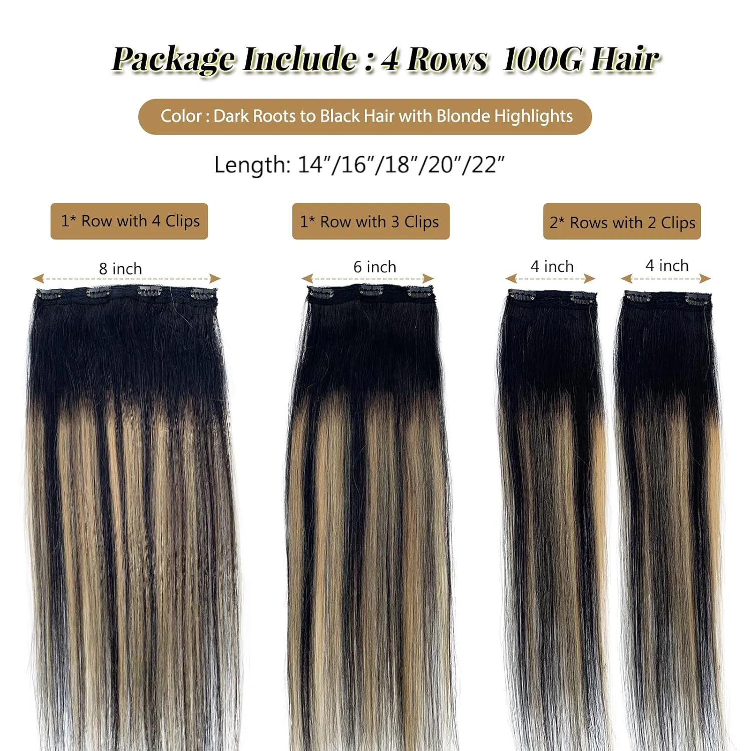 Lace Clip in Hair Extensions Human Hair Caramel Blonde Balayage Extensions 100grams 4pcs Double Weft Soft Straight Black with Blonde Highlights Remy Hair Extensions Clip on for Women 14 Inch