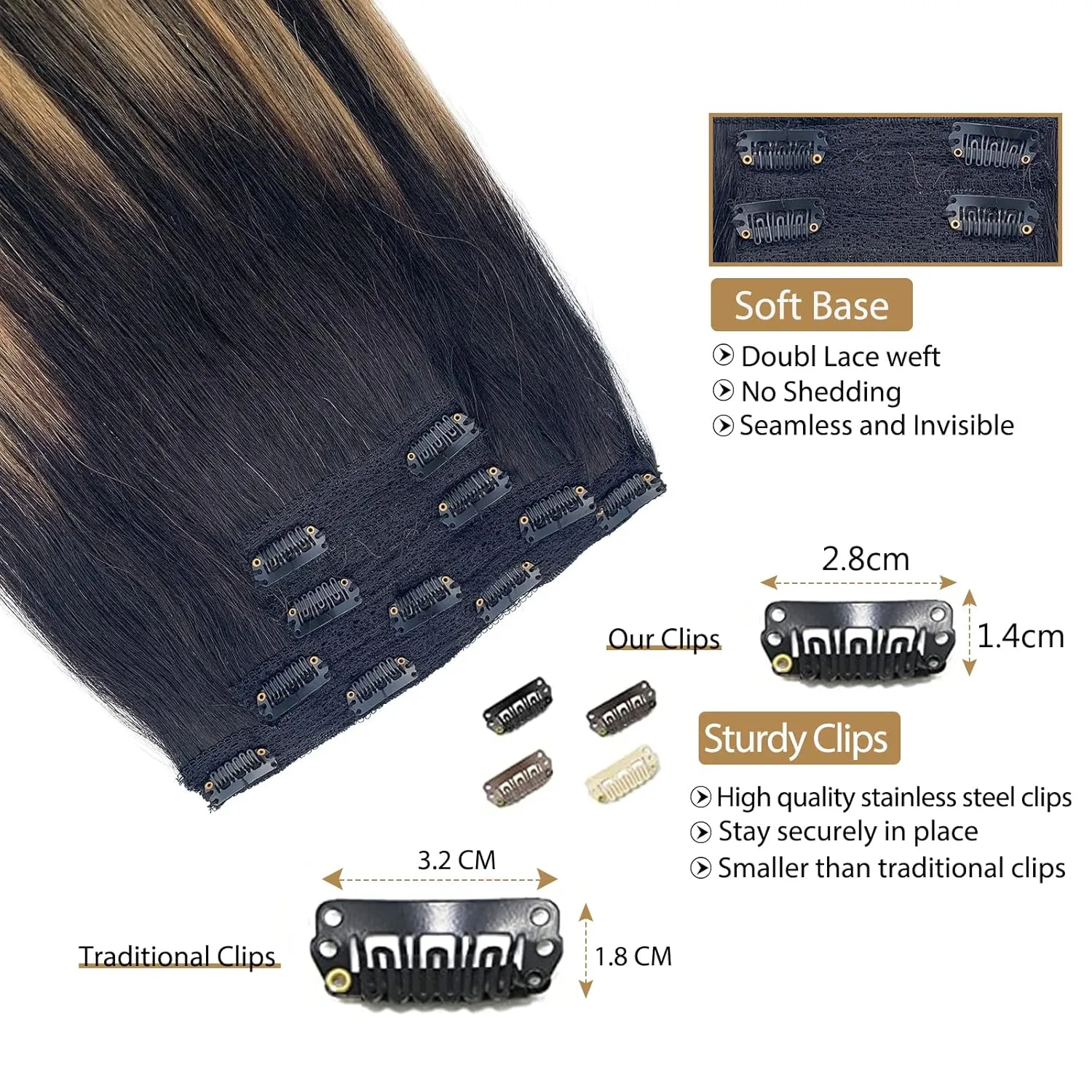 Lace Clip in Hair Extensions Human Hair Caramel Blonde Balayage Extensions 100grams 4pcs Double Weft Soft Straight Black with Blonde Highlights Remy Hair Extensions Clip on for Women 14 Inch