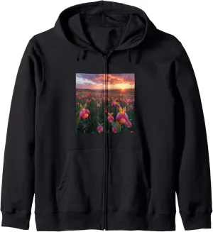 Ladys Slipper Flower Field Beautiful Sunset Graphic Zip Hoodie