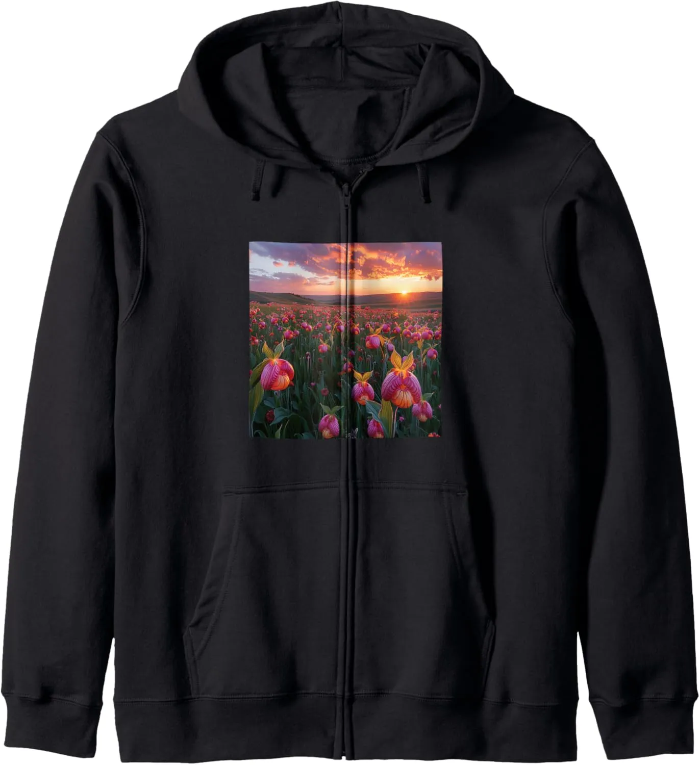 Ladys Slipper Flower Field Beautiful Sunset Graphic Zip Hoodie