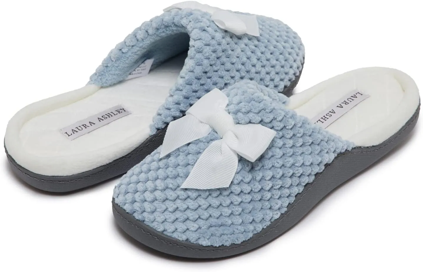 Laura Ashley Rugged Spa Slipper with Bow, Cozy Memory Foam Hard Bottom Slippers for Women, Soft Warm House Shoes
