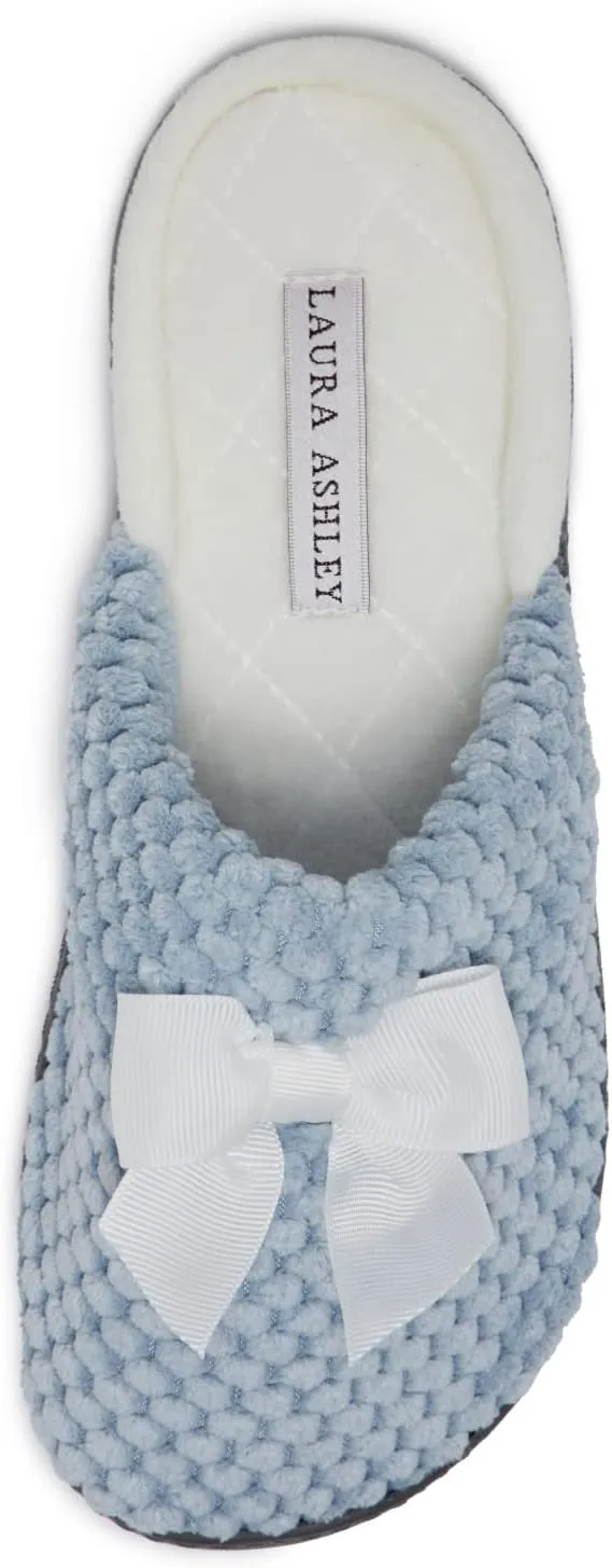 Laura Ashley Rugged Spa Slipper with Bow, Cozy Memory Foam Hard Bottom Slippers for Women, Soft Warm House Shoes