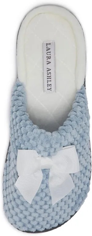 Laura Ashley Rugged Spa Slipper with Bow, Cozy Memory Foam Hard Bottom Slippers for Women, Soft Warm House Shoes