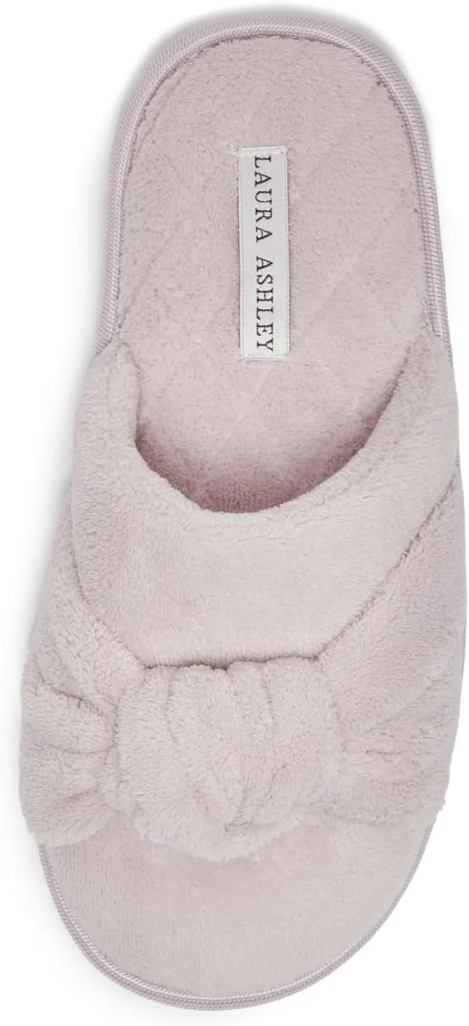 Laura Ashley Soft Terry Knot Scuff Slippers for Women - Comfy Non Slip Closed Toe Bedroom Slipper - Cozy Slide On Womens House Slippers