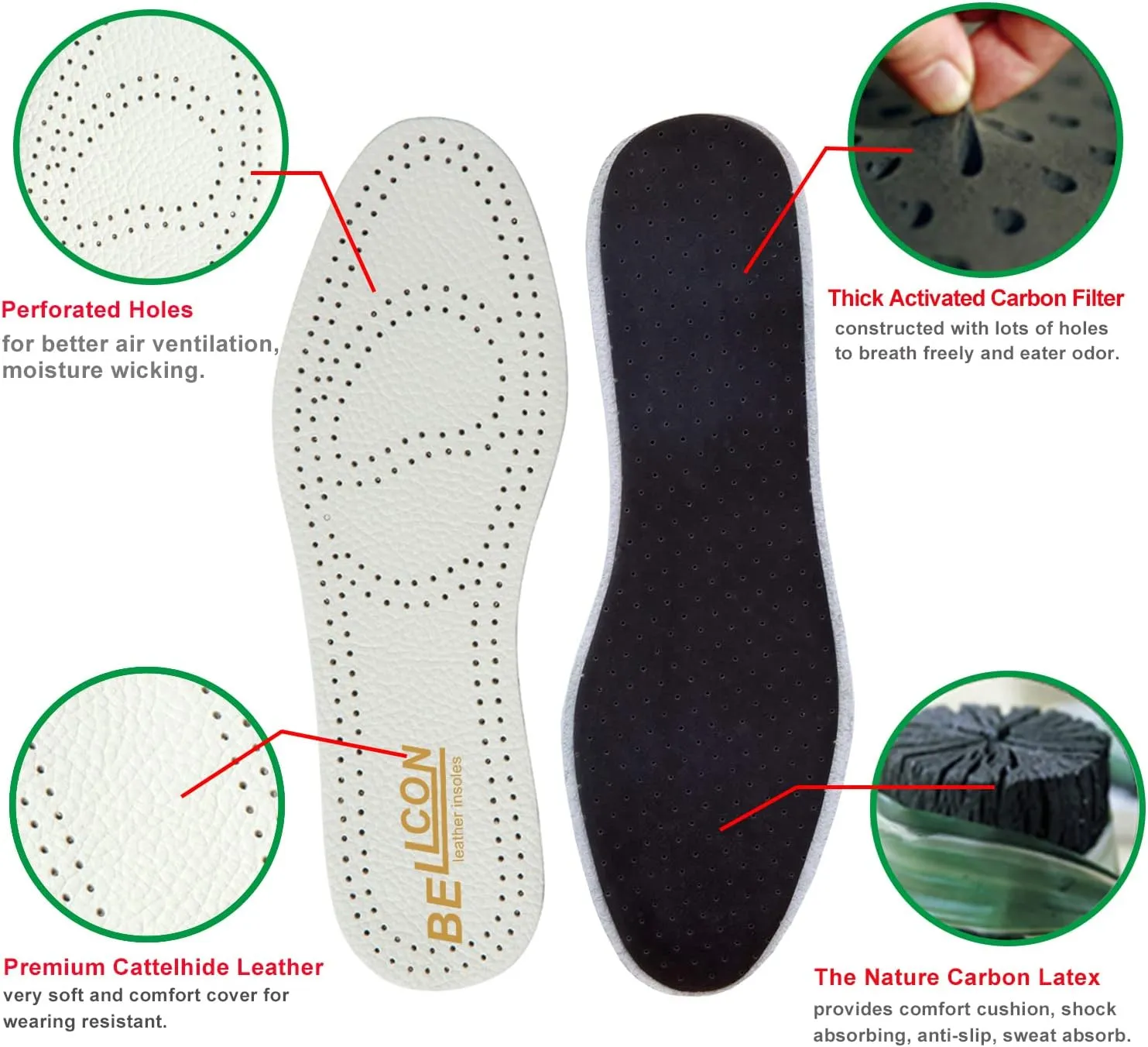 Leather Insoles for Men Black Thin Leather Inserts for Men Dress Shoes Nonslip Shoe Pads Replacement for Comfort Cushioning and Odor Eater (3 Pairs/Mens US 9-9.5)