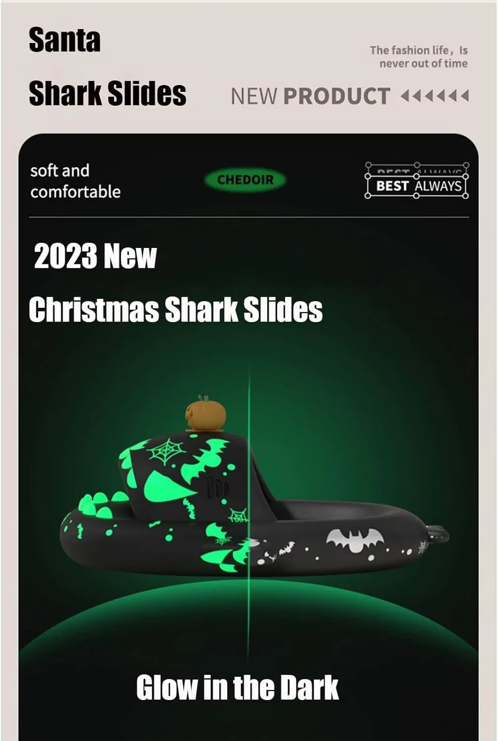LELEBEAR Halloween Shark Slides, Christmas Shark Slides, EVA Thick Sole Non Slip Quick Drying Shark Slippers for Women and Men