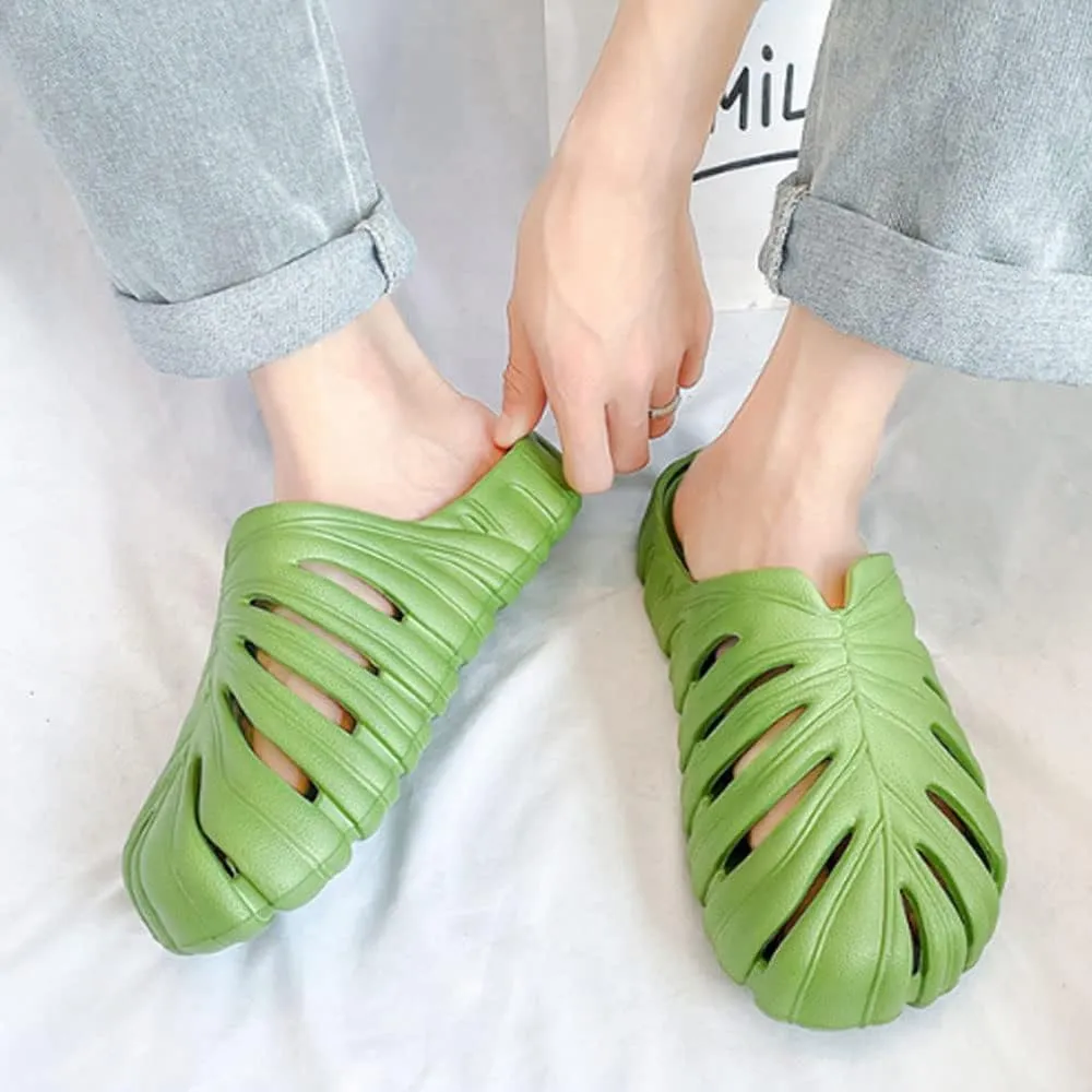 LELEBEAR Monstera Slippers, Monstera Pillow Slippers Open Toe Non Slip Slippers, Monstera Slides for Women and Men