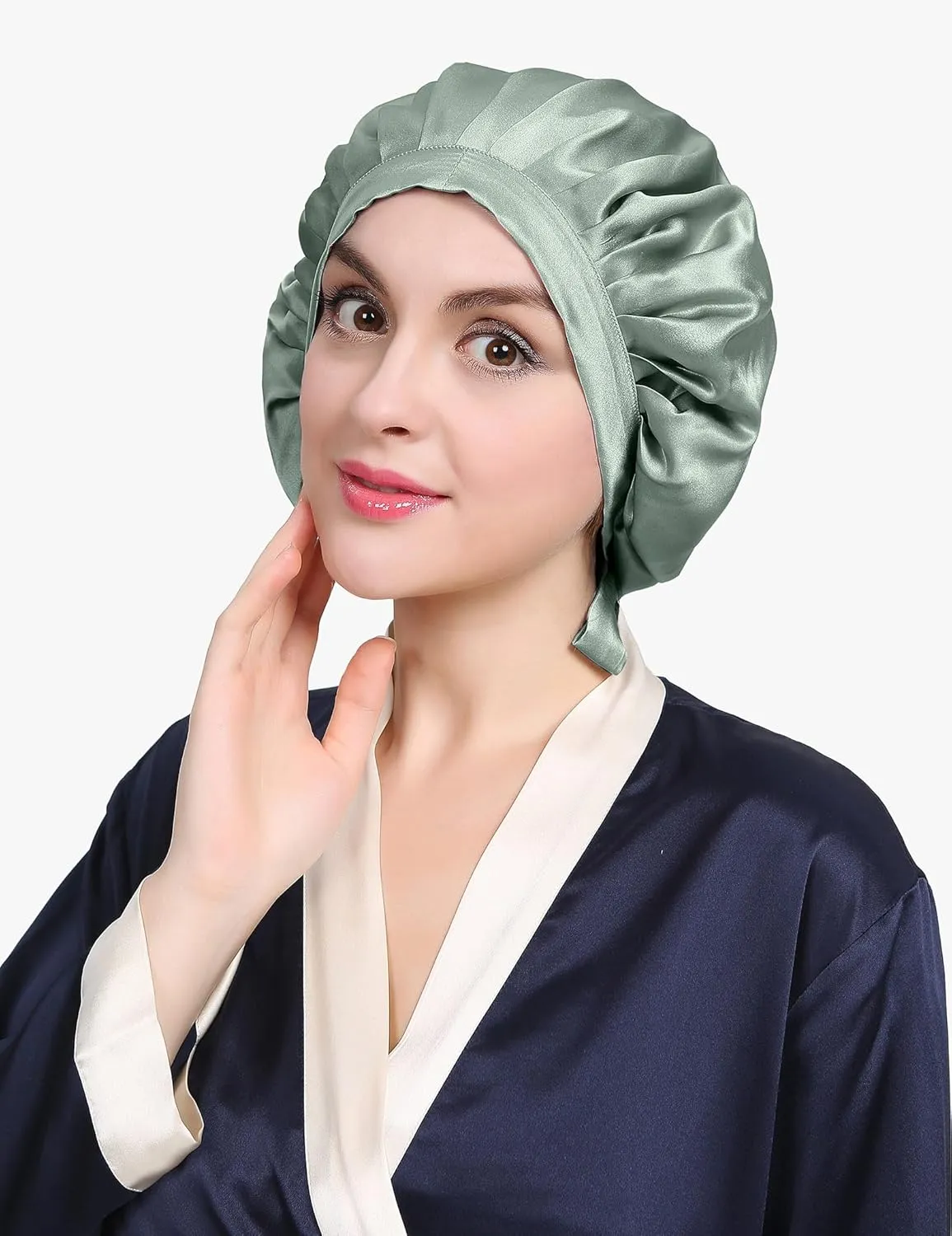 LilySilk 100% Mulberry Silk Bonnet Flat Front Silk Night Sleep Cap Adjustable Hair Wrap for Sleeping, Avocado Green