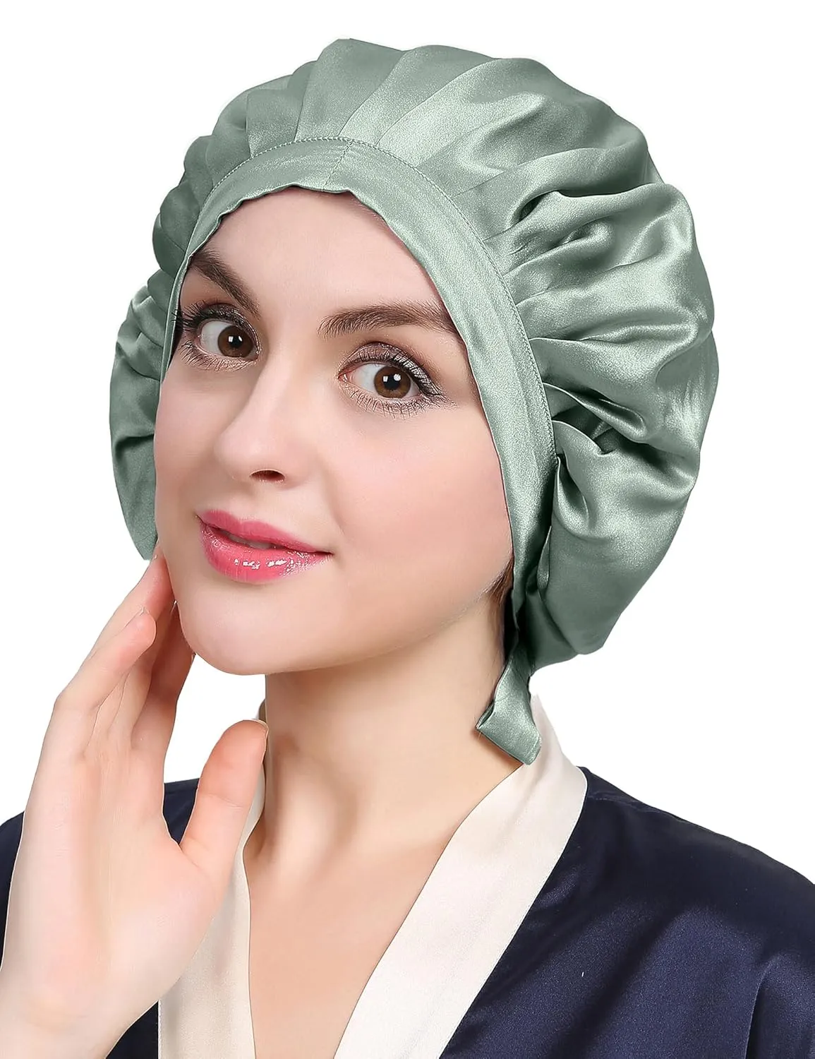 LilySilk 100% Mulberry Silk Bonnet Flat Front Silk Night Sleep Cap Adjustable Hair Wrap for Sleeping, Avocado Green