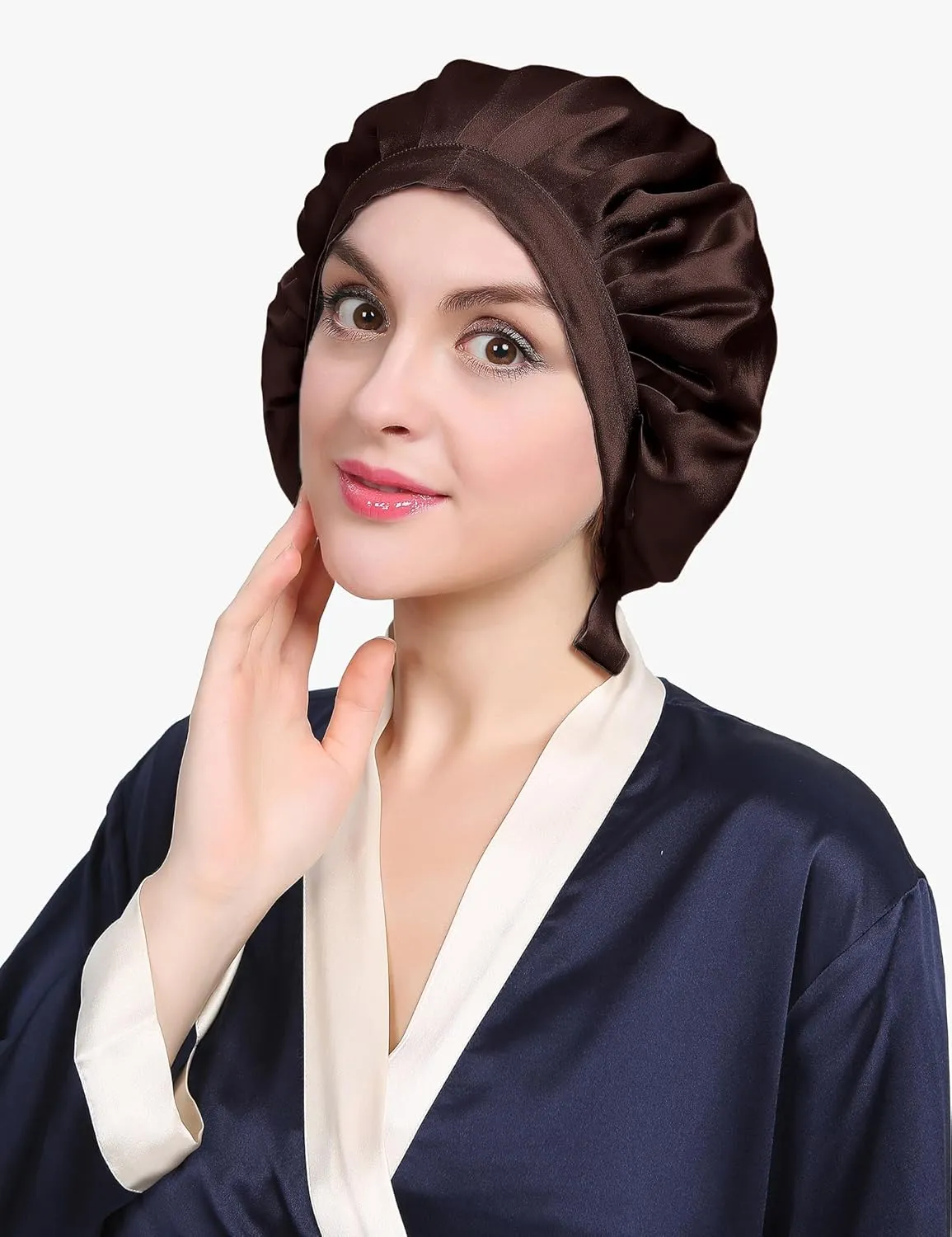 LilySilk 100% Mulberry Silk Bonnet Flat Front Silk Night Sleep Cap Adjustable Hair Wrap for Sleeping, Dark Brown