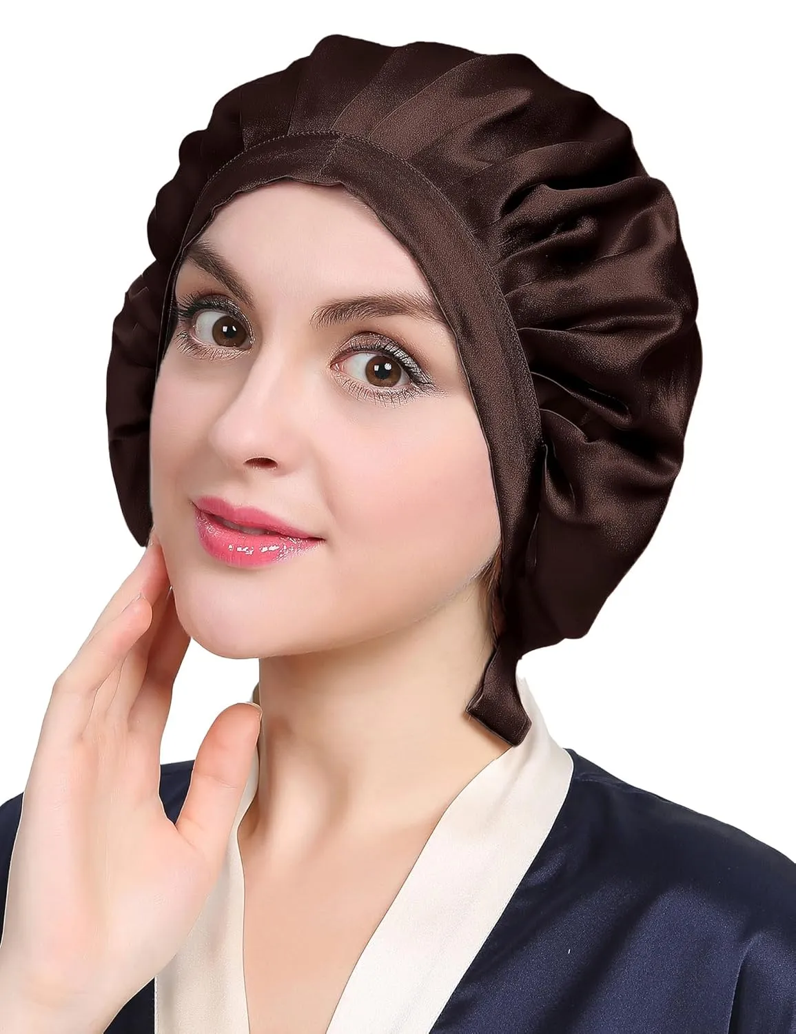 LilySilk 100% Mulberry Silk Bonnet Flat Front Silk Night Sleep Cap Adjustable Hair Wrap for Sleeping, Dark Brown