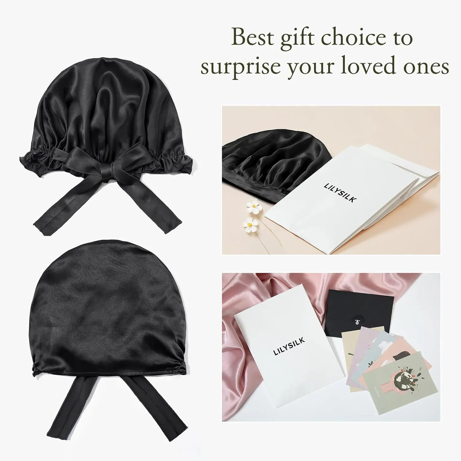 LilySilk Silk Bonnet for Sleeping Womens Sleep Cap 100% 19MM Mulberry Silk for Long Curly Hair Adjustable Stretchy Black