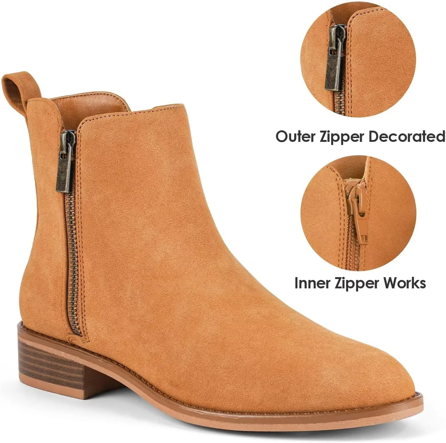 LISYIIZ Women's Ankle Boots Flat Low Heel Booties for Women Round Toe Two-Sided Zipper Design Faux Suede Short Boots
