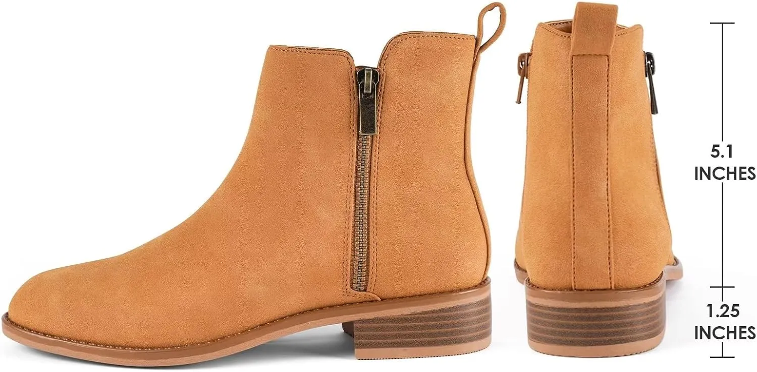 LISYIIZ Women's Ankle Boots Flat Low Heel Booties for Women Round Toe Two-Sided Zipper Design Faux Suede Short Boots