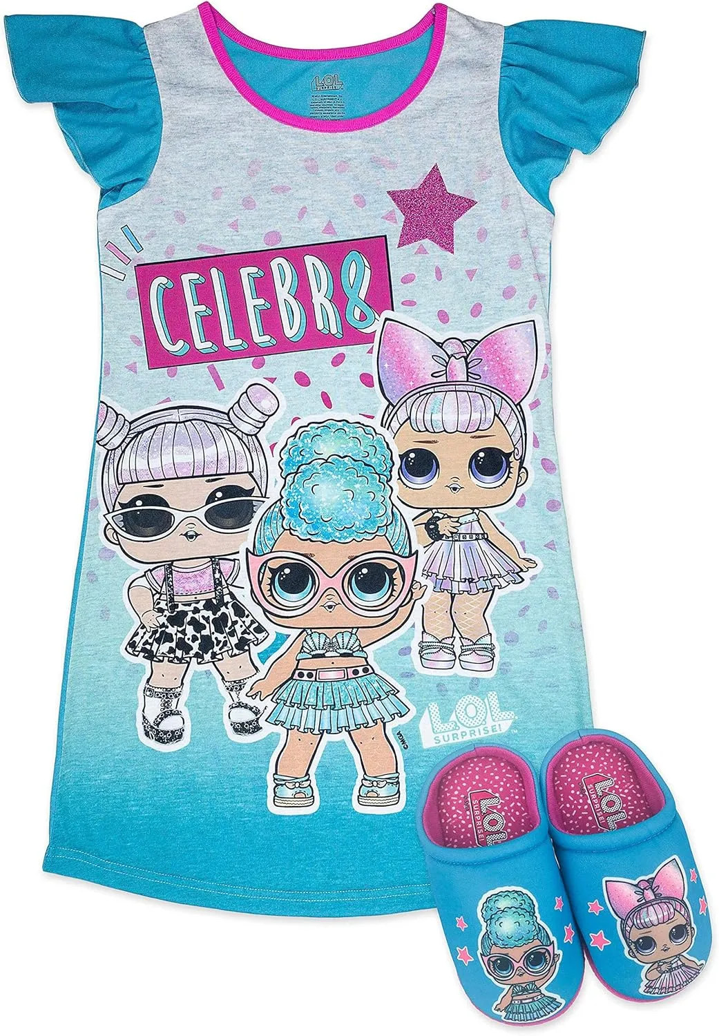 L.O.L Surprise! Girls Pajama Set, Dorm PJs with Slippers, Rocker Diva MC Swag Opal Q.T. Pearl Q.T