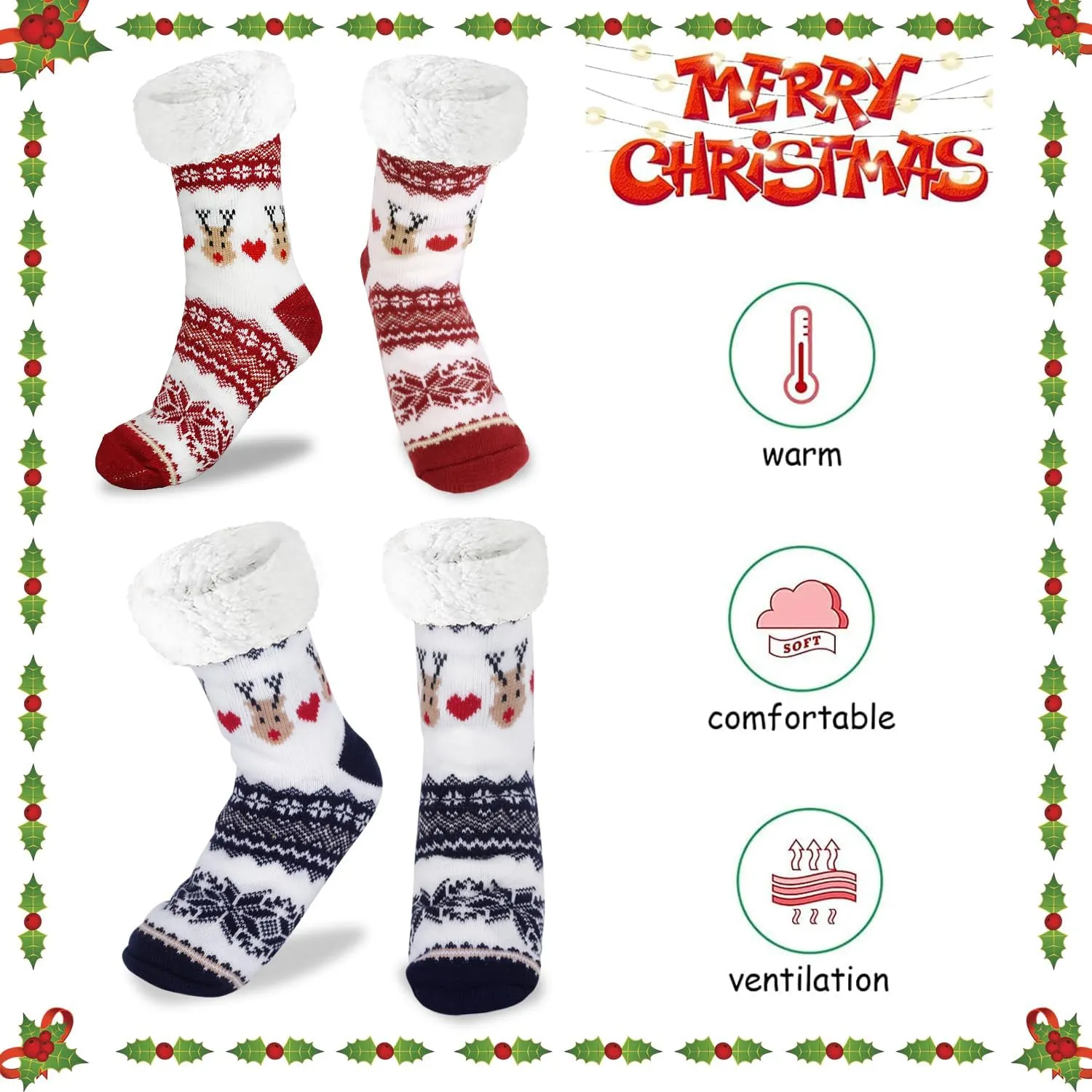LOMIMOS Christmas Slipper Sock, Xmas Non Slip Sock Warm for Winter Home Women