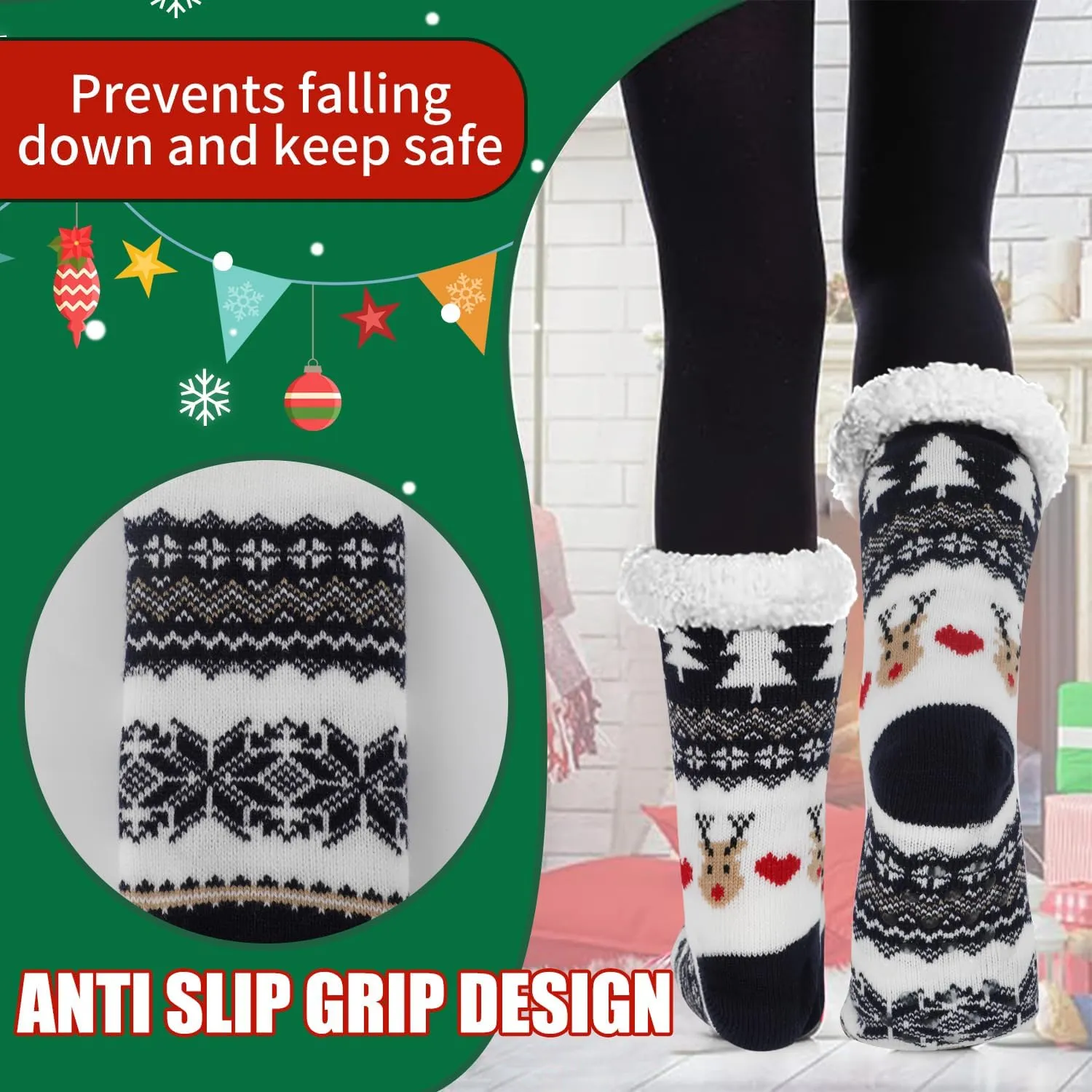 LOMIMOS Christmas Slipper Sock, Xmas Non Slip Sock Warm for Winter Home Women