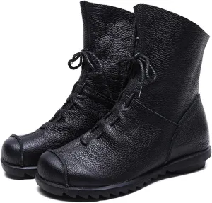 Lossarye Women's Soft Genuine Leather Lace Up Flat Boots Handmade Wide Round Toe Side Zipper Comfortable Warm Fur Lined Anti-Slip Booties