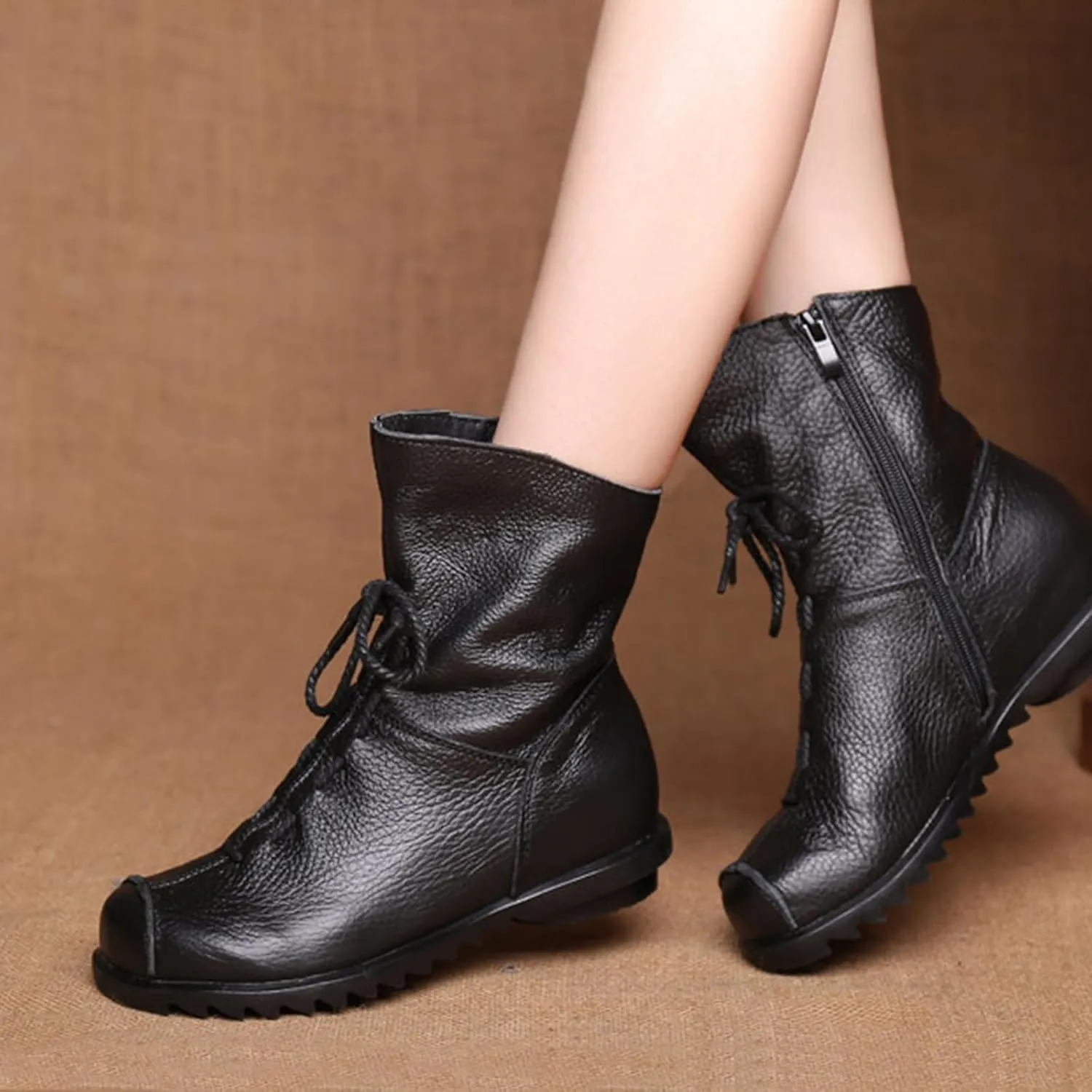 Lossarye Women's Soft Genuine Leather Lace Up Flat Boots Handmade Wide Round Toe Side Zipper Comfortable Warm Fur Lined Anti-Slip Booties