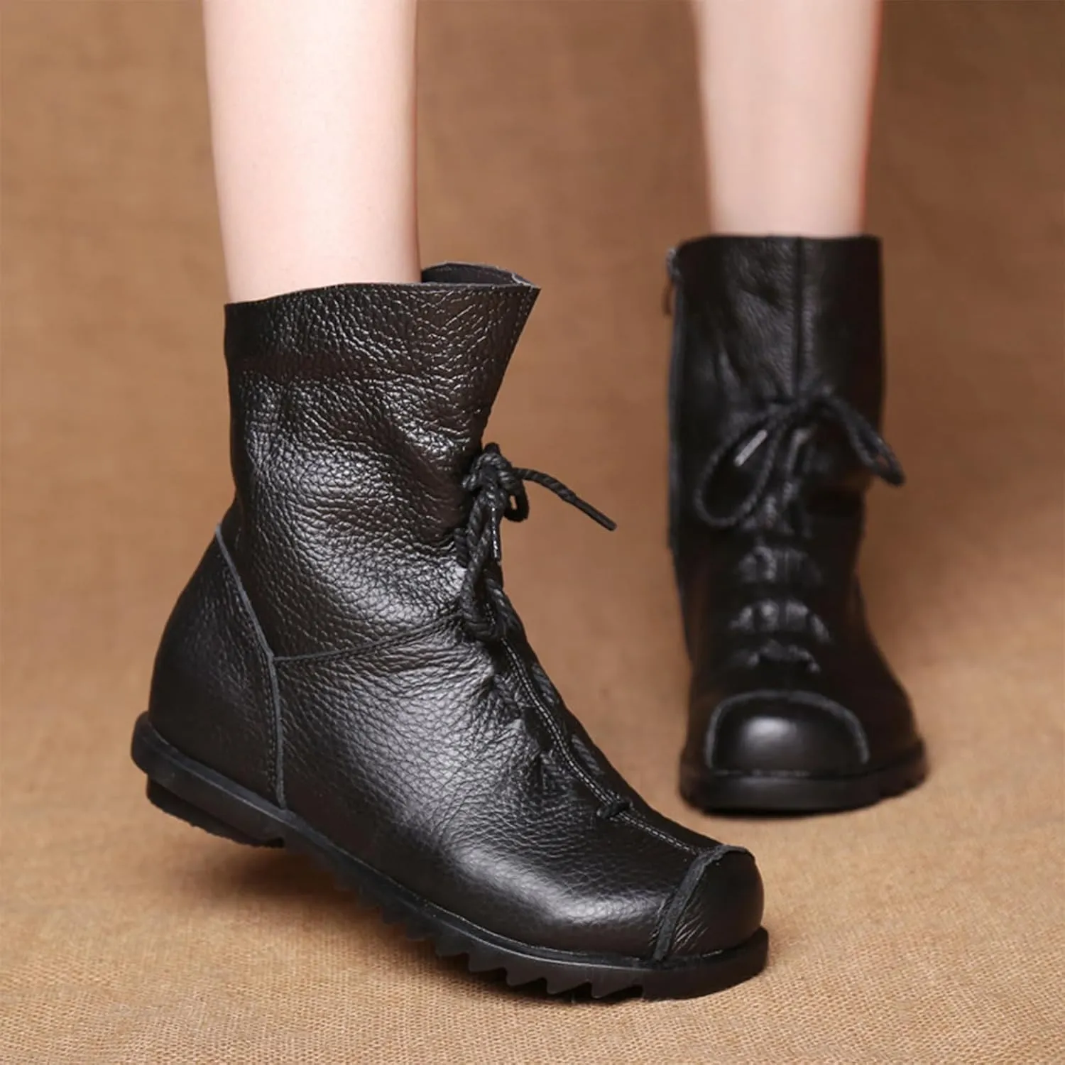 Lossarye Women's Soft Genuine Leather Lace Up Flat Boots Handmade Wide Round Toe Side Zipper Comfortable Warm Fur Lined Anti-Slip Booties