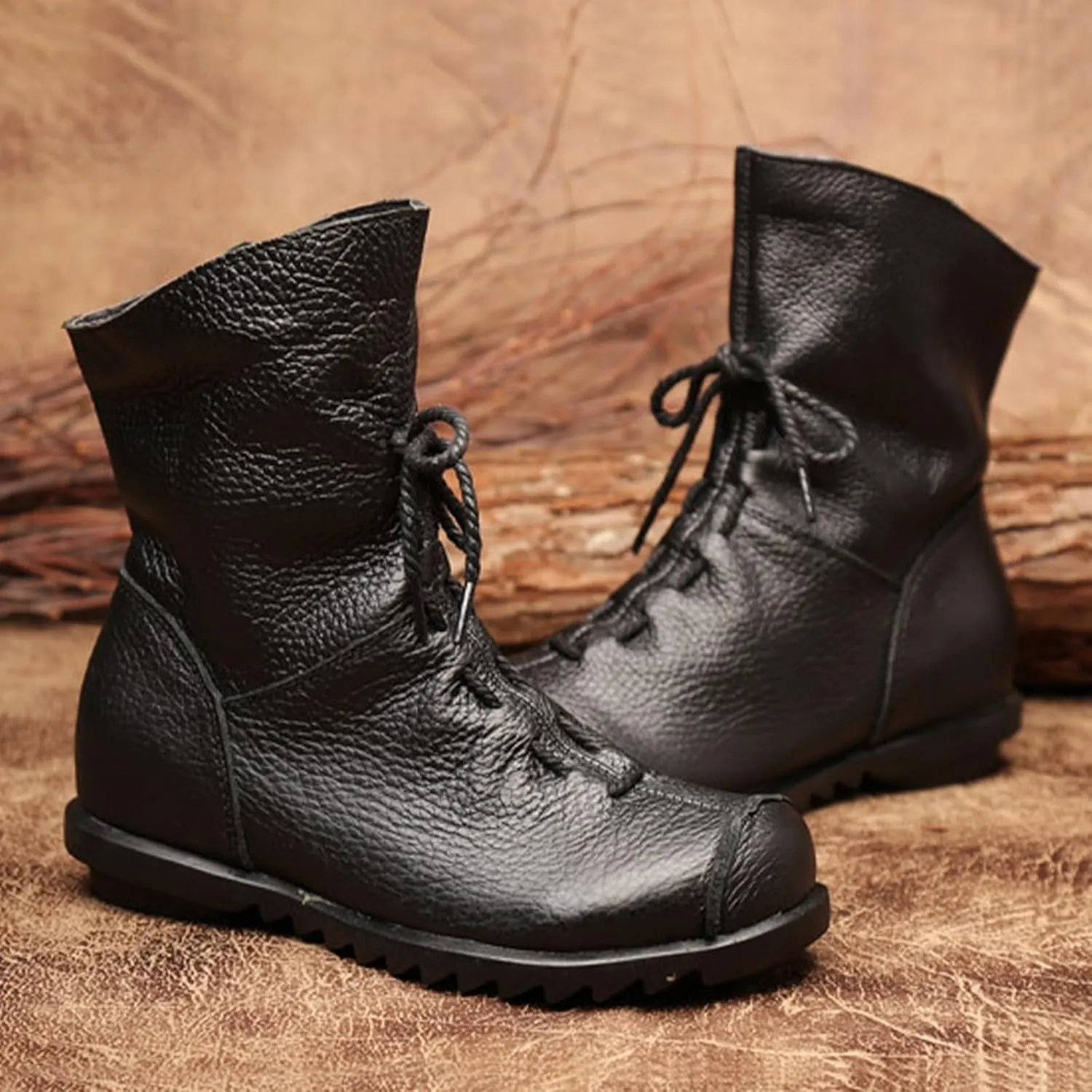 Lossarye Women's Soft Genuine Leather Lace Up Flat Boots Handmade Wide Round Toe Side Zipper Comfortable Warm Fur Lined Anti-Slip Booties