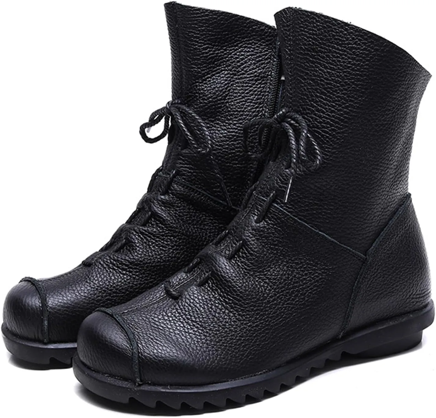 Lossarye Women's Soft Genuine Leather Lace Up Flat Boots Handmade Wide Round Toe Side Zipper Comfortable Warm Fur Lined Anti-Slip Booties