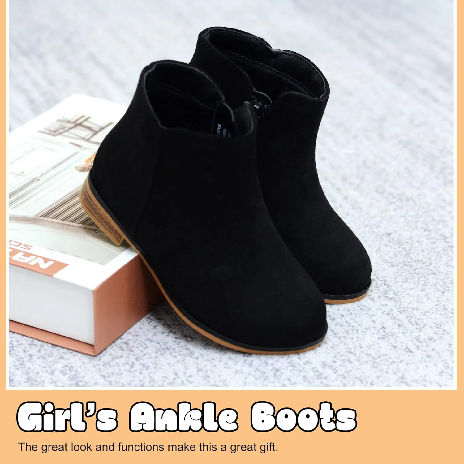 LseLom Girls Ankle Boots for Toddler/Little Kids - Brown, Suede, Zipper, Low-Top, Flat Heel, Casual