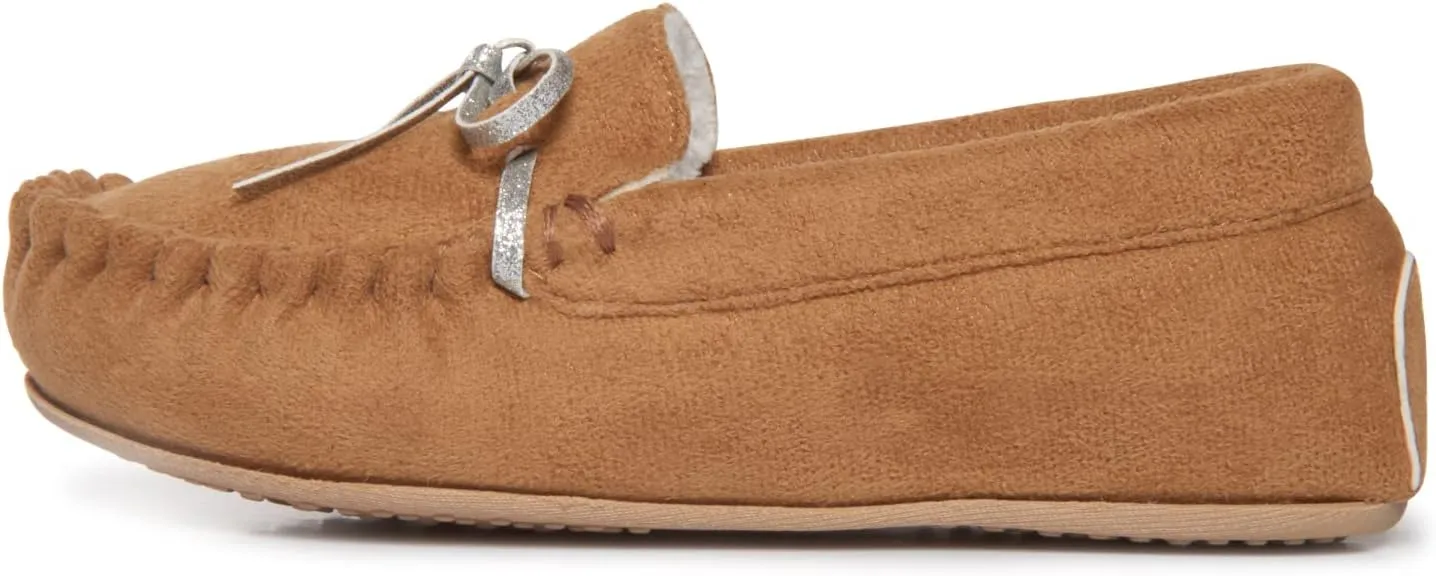 Lucky Brand Girls Plush Glitter Bow Moccasin Slippers, Rubber Sole Indoor Outdoor House Shoes, Kids Bedroom Slipper Moccasins